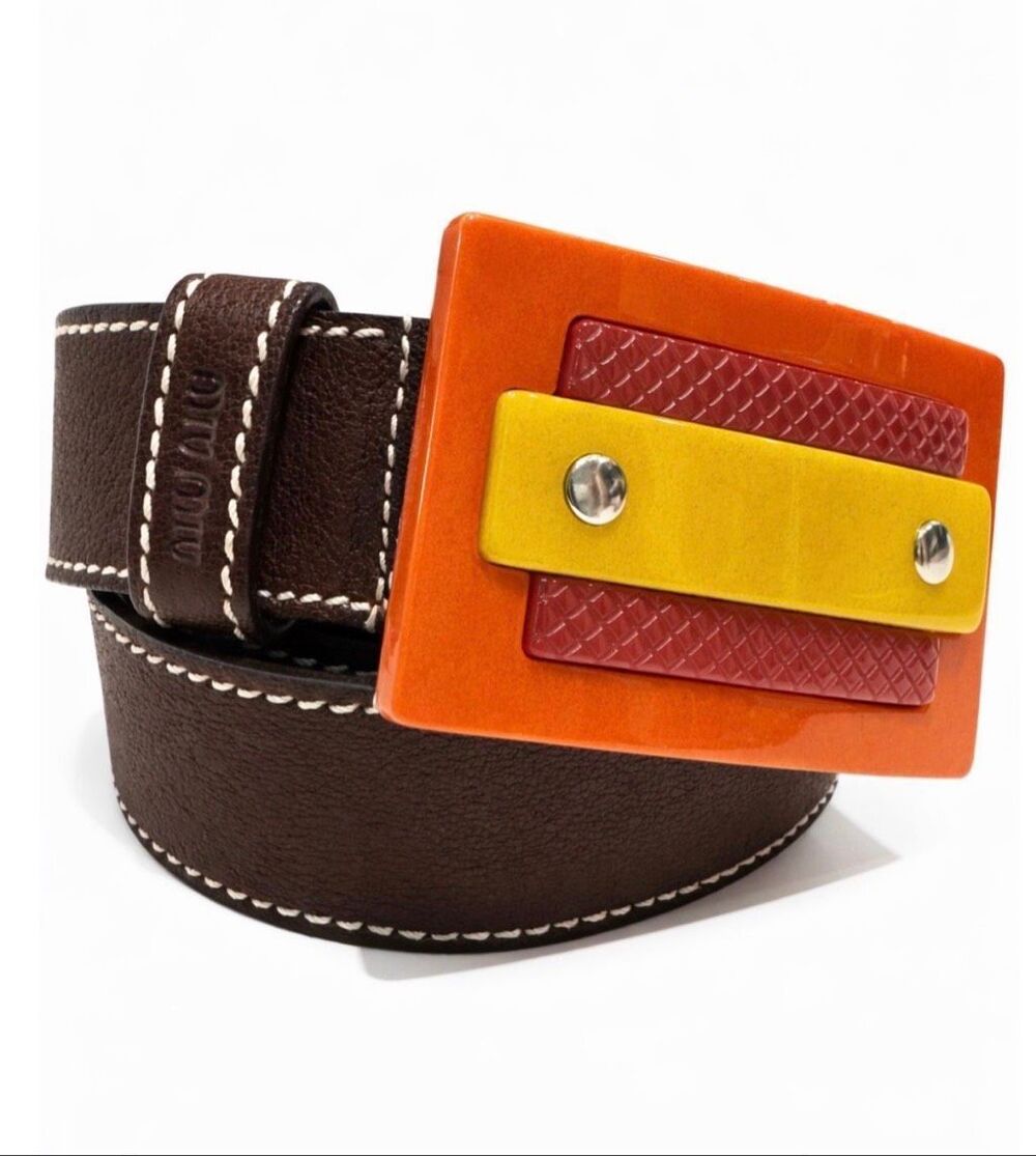 Miu Mui Brown Leather Belt Rectangle Resin Buckle Orange Yellow Retro Mod Funky